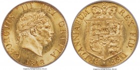 George III gold 1/2 Sovereign 1818 MS64 PCGS, KM673, S-3786. A choice example conveying praiseworthy visual appeal for both its type and assigned grad...