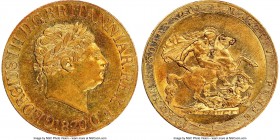George III gold Sovereign 1820 AU58 NGC, KM674, S-3785C. Graced with a blooming apricot tone over surfaces revealing demonstrable luster. Quite appeal...