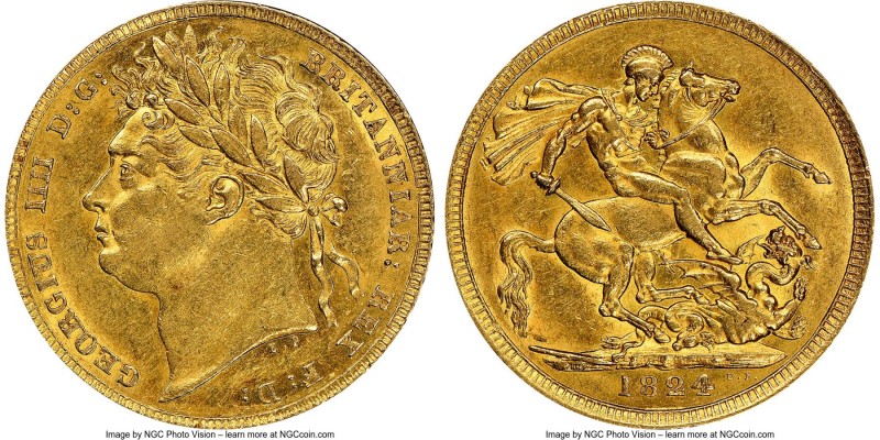 George IV gold Sovereign 1824 AU55 NGC, KM682, S-3800. Sharp throughout with onl...