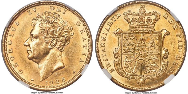 George IV gold Sovereign 1825 MS62 NGC, KM696, S-3801. Bare bust type. An absolu...