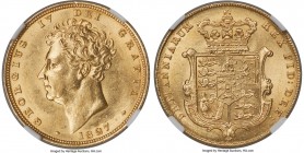 George IV gold Sovereign 1827 MS63 NGC, KM696, S-3801. A luminous offering that retains bright, scintillating luster amidst scattered light obverse fr...