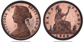 Victoria Proof 1/2 Penny 1868 PR64 Red and Brown PCGS, KM748.2, S-3956. Displaying a clear cameo effect despite the lack of this designation on the ho...