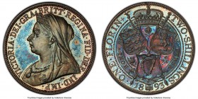 Victoria Proof Florin 1893 PR66 PCGS, KM781, S-3939. An admirable gem representative richly laden with emerald and azure tone amidst devices revealing...