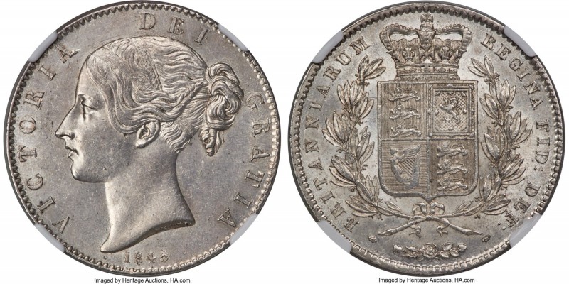 Victoria Crown 1845 MS62 NGC, KM741, S-3882, ESC-2564. Variety with cinquefoil s...