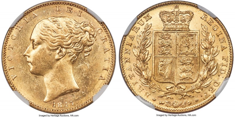 Victoria gold Sovereign 1847 MS63 NGC, KM736.1, S-3852. A strikingly lustrous an...