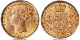 Victoria gold "Shield" Sovereign 1871 MS64 PCGS, KM736.2, S-3853B. Lustrous and visually enticing, a hint of copper-gold tone noted over the well-kept...