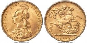 Victoria gold Sovereign 1892 MS64 PCGS, KM767, S-3866C. Wholly gratifying in hand, this glowing offering reveals blooming mint luster and sharp qualit...