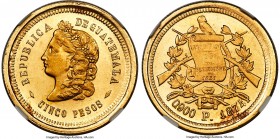Republic gold 5 Pesos 1874-P MS65 NGC, Nueva Guatemala mint, KM198, Fr-45. A lovely specimen with deep contrast between the polished fields and gently...