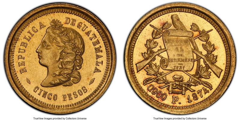 Republic gold 5 Pesos 1874-P MS63 PCGS, Guatemala City mint, KM198, Fr-45. Well-...