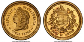 Republic gold 5 Pesos 1874-P MS63 PCGS, Guatemala City mint, KM198, Fr-45. Well-kept and generally better preserved than most survivors for the type, ...
