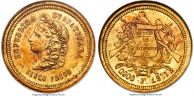 Republic gold 5 Pesos 1877-F MS63 NGC, KM198. Exhibiting an appealing rose-gold patina with full underlying mint bloom. Very scarce in this choice con...