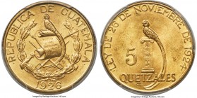 Republic gold 5 Quetzales 1926-(P) MS64 PCGS, Philadelphia mint, KM246, Fr-48. Pleasing cartwheel luster envelops this sunny yellow-gold piece. Certai...