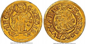 Matthias Corvinus (1458-1490) gold Goldgulden ND (1476-1485) MS63 NGC, Nagybanya mint, Husz-680, Lengyel-45/3. 3.52gm. S • LΛDISL | ΛVS RЄX, crowned, ...