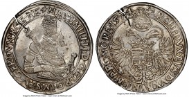 Maximilian II Taler 1574-KB AU53 NGC, Kremnitz mint, KM-MB224, Dav-8058. Featuring an interesting doubling effect in the upper portion of the obverse,...