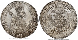 Maximilian II Taler 1574-KB AU Details (Cleaned) NGC, Kremnitz mint, KM-MB224, Dav-8058. Crowned and armored half-length figure to right, holding scep...