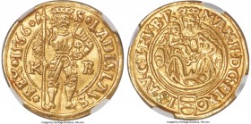 Maximilian II gold Ducat 1566-KB MS61 NGC, Kremnitz mint, Fr-57, Husz-976 (R6). 3.57gm. S ★ LADISLAVS | ★ REX ★ 1566 ★, crowned, armored figure of Max...