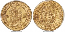 Matthias II gold Ducat 1611-KB AU58 PCGS, Kremnitz mint, KM37, Fr-81. A well-preserved example showcasing marked originality in its appeal, the surfac...