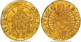 Leopold I gold Ducat 1668-KB MS62 NGC, Kremnitz mint, KM151, Fr-128. An evidently quite scarce date in this long-running series, as we are unable to f...