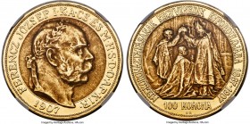 Franz Joseph I gold "Coronation Anniversary" 100 Korona 1907-KB MS62 NGC, Kremnitz mint, KM490, Fr-256, Husz-2213. Struck upon the 40th anniversary of...