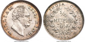 British India. William IV 1/4 Rupee 1835-(c) MS64 NGC, Calcutta mint, KM448.5, S&W-1.65. Type B/3. Variety with "F" incuse on truncation and 19 berrie...