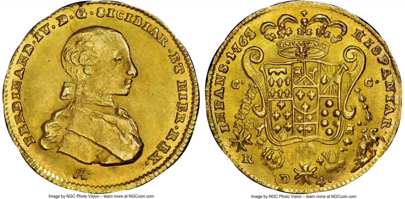 Naples & Sicily. Ferdinand IV gold 4 Ducati 1763/2 IA-CC-R MS64 NGC, KM171. Plea...