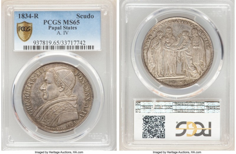 Papal States. Gregory XVI Scudo Anno IV (1834)-R MS65 PCGS, Rome mint, KM1315.2,...