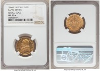 Papal States. Pius IX gold 20 Lire Anno XXI (1866)-R MS65 S NGC, Rome mint, KM1382.2, Mont-345, Gig-266. Reeded edge. A usually unremarkable and proli...