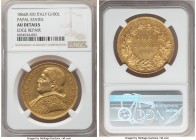 Papal States. Pius IX gold 100 Lire Anno XXI (1866)-R AU Details (Edge Repair) NGC, Rome mint, KM1383, Fr-278. A contested issue that saw a mintage of...