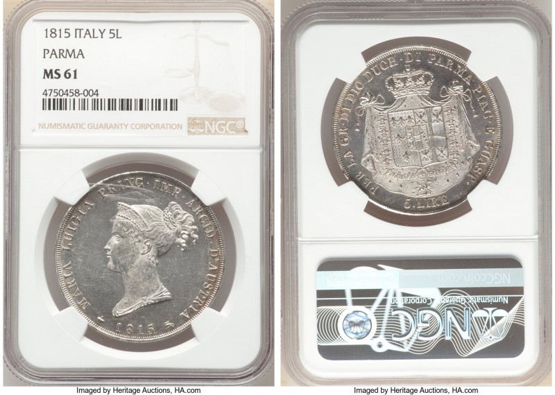 Parma. Maria Luigia 5 Lire 1815 MS61 NGC, KM-C30, Dav-204. Blast-white surfaces ...