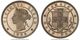 British Colony. Victoria Proof 1/2 Penny 1869 PR67 Cameo PCGS, Heaton mint, KM16. An absolutely premier piece (the top graded by PCGS) with fully refl...