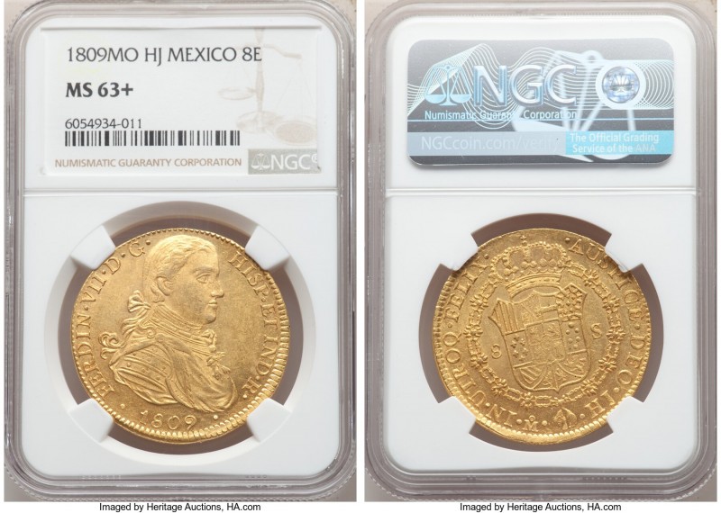 Ferdinand VII gold 8 Escudos 1809 Mo-HJ MS63+ NGC, Mexico City mint, KM160. An a...