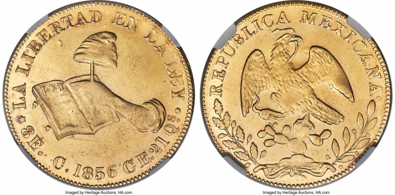 Republic gold 8 Escudos 1856 C-CE MS61 NGC, Culiacan mint, KM383.2. Only the thi...