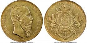 Maximilian gold 20 Pesos 1866-Mo AU58 NGC, Mexico City mint, KM389. A bold example with light reflectivity in the fields and a finely detailed portrai...
