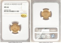 Republic gold 2-1/2 Pesos 1872 Zs-H MS66 NGC, Zacatecas mint, KM411.6. Mintage: 1,300. A gorgeous outlier for a type that rarely ranks above the lower...