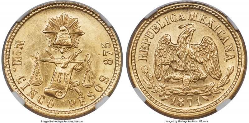 Republic gold 5 Pesos 1871/69 Mo-M MS64 NGC, Mexico City mint, KM412.6. Mintage:...