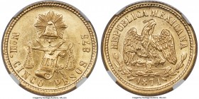 Republic gold 5 Pesos 1871/69 Mo-M MS64 NGC, Mexico City mint, KM412.6. Mintage: 1,600. A better overdated issue from the balance scale series that on...