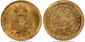 Republic gold 5 Pesos 1877 Zs-S/A MS65 NGC, Zacatecas mint, KM412.7. A gem example with brilliant mint luster, a superb sharp strike, and nice strong ...