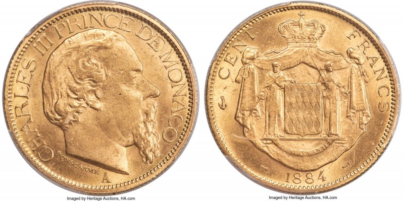 Charles III gold 100 Francs 1884-A MS63 PCGS, Paris mint, KM99, Gad-MC122. Satin...