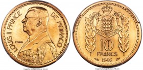 Louis II gold Specimen Essai 10 Francs 1946 SP61 PCGS, KM-E22, Gad-136. A scarcer gold pattern for the copper-nickel 10 Francs that saw a limited gold...