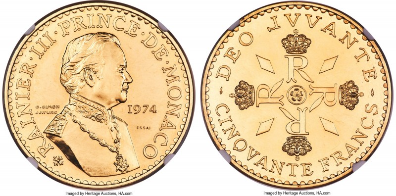Rainier III gold Proof Essai 50 Francs 1974-(a) PR65 NGC, Paris mint, KM-E67, Ga...