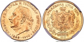 Nicholas I Pair of Certified gold "Golden Jubilee" Multiple Perpera 1910 NGC, 1) 10 Perpera - AU58, KM9 2) 20 Perpera - AU55, KM11 Laureate head varie...