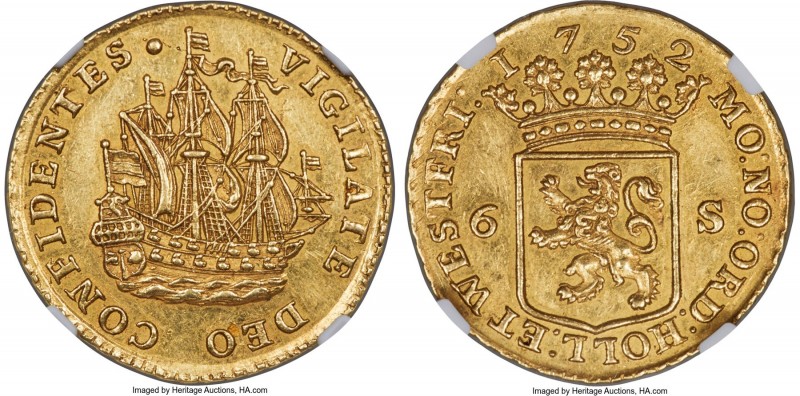 Holland. Provincial gold 6 Stuivers 1752 MS62 NGC, KM45a. An off-metal strike of...