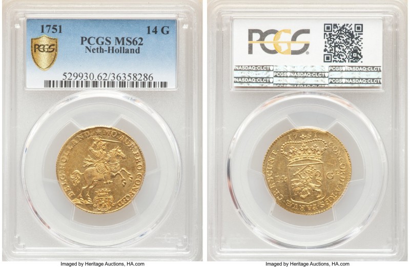 Holland. Provincial gold 14 Gulden 1751 MS62 PCGS, KM97, Fr-253. Quite nearly ch...