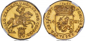 Utrecht. Provincial gold 14 Gulden (Gold Rider) 1763 MS62 NGC, KM104, Fr-288. Perhaps the most recognizable motif of 18th-century Dutch coinage, the "...