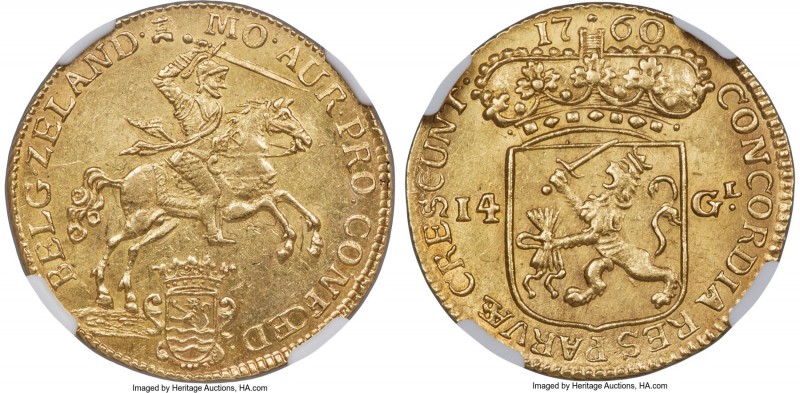 Zeeland. Provincial gold 14 Gulden 1760 MS61 NGC, KM97, Fr-313. A lovely represe...