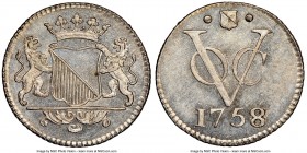 Dutch Colony. United East India Company silver Duit 1758/6 MS62 NGC, cf. KM111.1a (date and overdate unlisted), Scholten-Unl. An apparently very rare ...