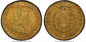 Charles III gold 8 Escudos 1761 LM-JM AU Details (Scratch) PCGS, Lima mint, KM68, Fr-24, Cal-1914. Small bust variety. Lightly toned and overall quite...