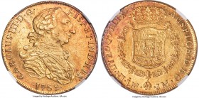 Charles III gold 8 Escudos 1769 LM-JM XF45 NGC, Lima mint, KM73, Cal-909. A better date for this modified bust type of Charles III following the 'rat-...