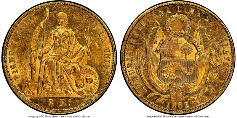 Republic gold 8 Escudos 1863/2-YB MS63 NGC, Lima mint, KM183, Fr-68. An appealin...