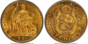 Republic gold 8 Escudos 1863/2-YB MS63 NGC, Lima mint, KM183, Fr-68. An appealing representative bearing shimmering aurous luster over surfaces displa...